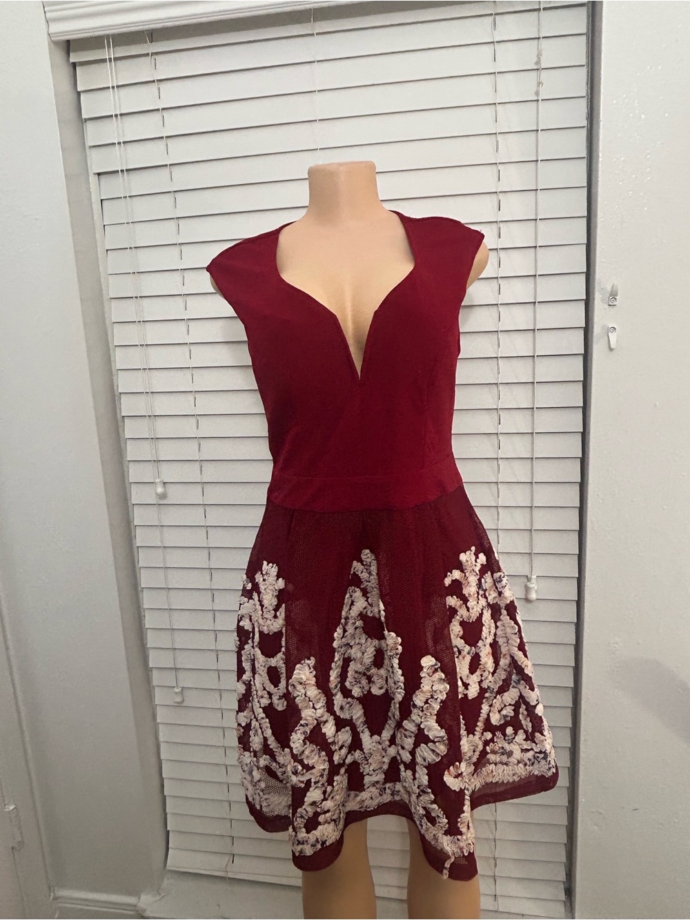 Wine Red Embroidered V-Neck Mini Dress